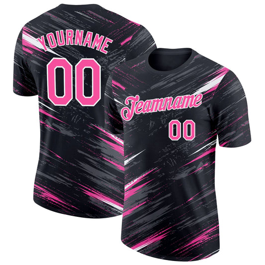 Custom Black Pink Steel Gray-White Abstract Brush Stroke Splatter Performance T-Shirt - Main View
