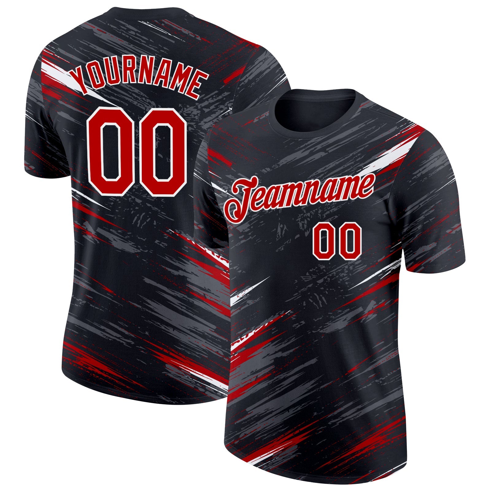 Custom Black Red Steel Gray-White Abstract Brush Stroke Splatter Performance T-Shirt - Main View