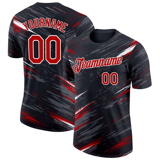 Custom Black Red Steel Gray-White Abstract Brush Stroke Splatter Performance T-Shirt - Main View