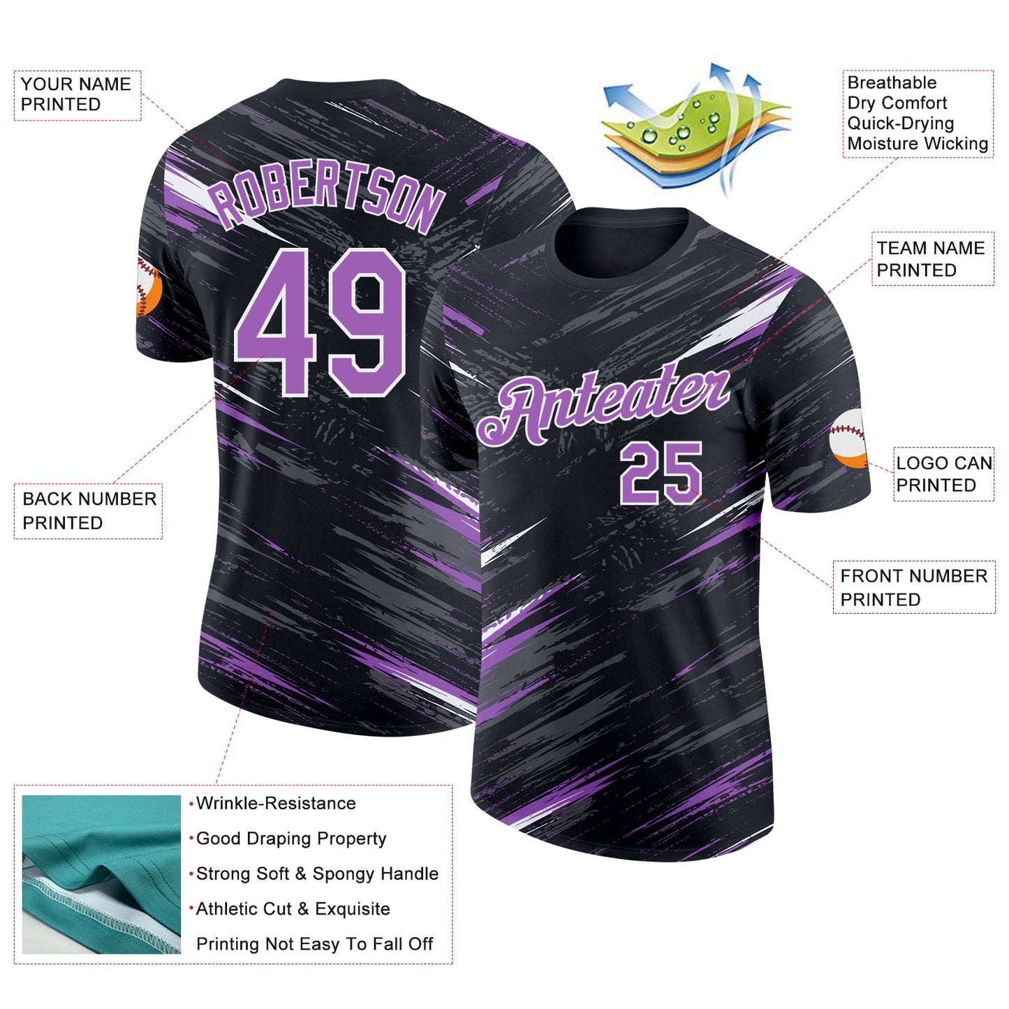 Custom Black Medium Purple Steel Gray-White Abstract Brush Stroke Splatter Performance T-Shirt view 2