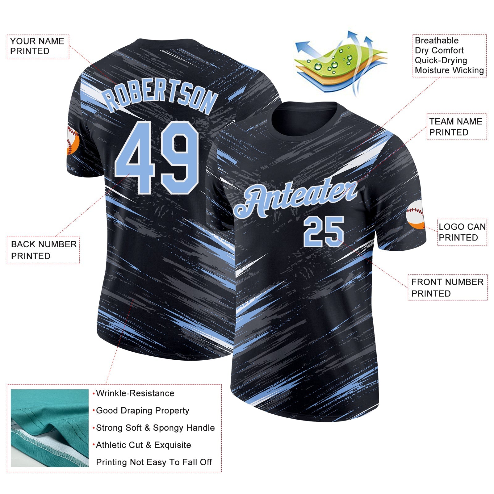 Custom Black Light Blue Steel Gray-White Abstract Brush Stroke Splatter Performance T-Shirt view 2