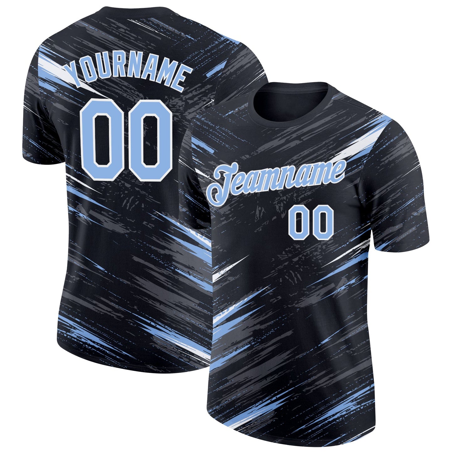Custom Black Light Blue Steel Gray-White Abstract Brush Stroke Splatter Performance T-Shirt - Main View