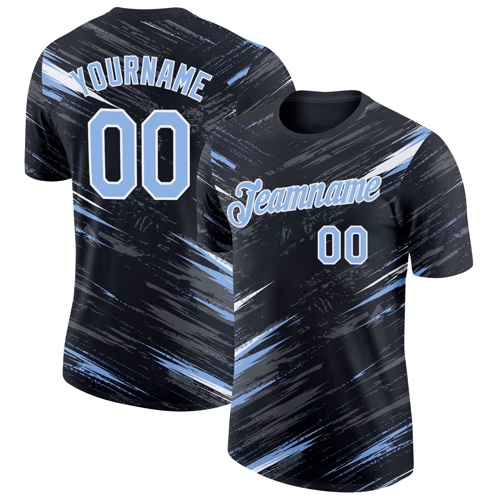 Custom Black Light Blue Steel Gray-White Abstract Brush Stroke Splatter Performance T-Shirt - Main View