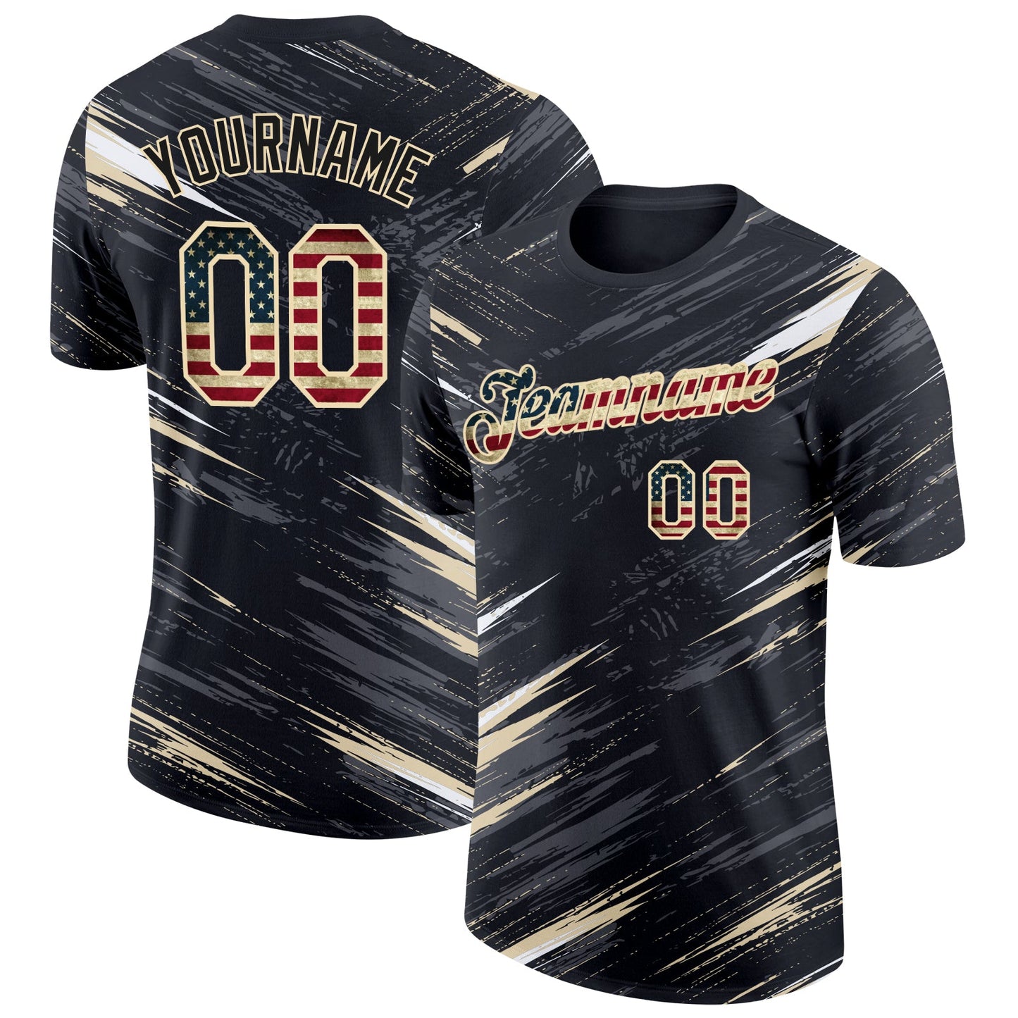 Custom Black Vintage USA Flag Steel Gray-Cream Abstract Brush Stroke Splatter Performance T-Shirt - Main View