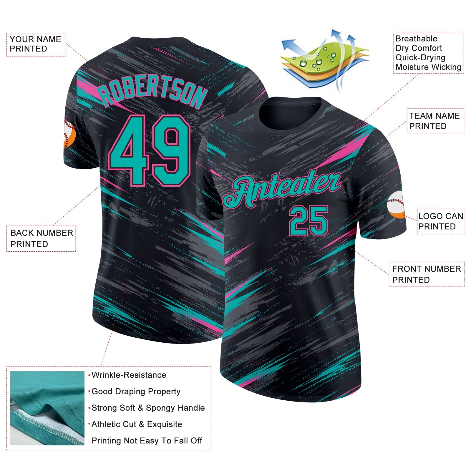 Custom Black Aqua-Pink Abstract Brush Stroke Splatter Performance T-Shirt view 2