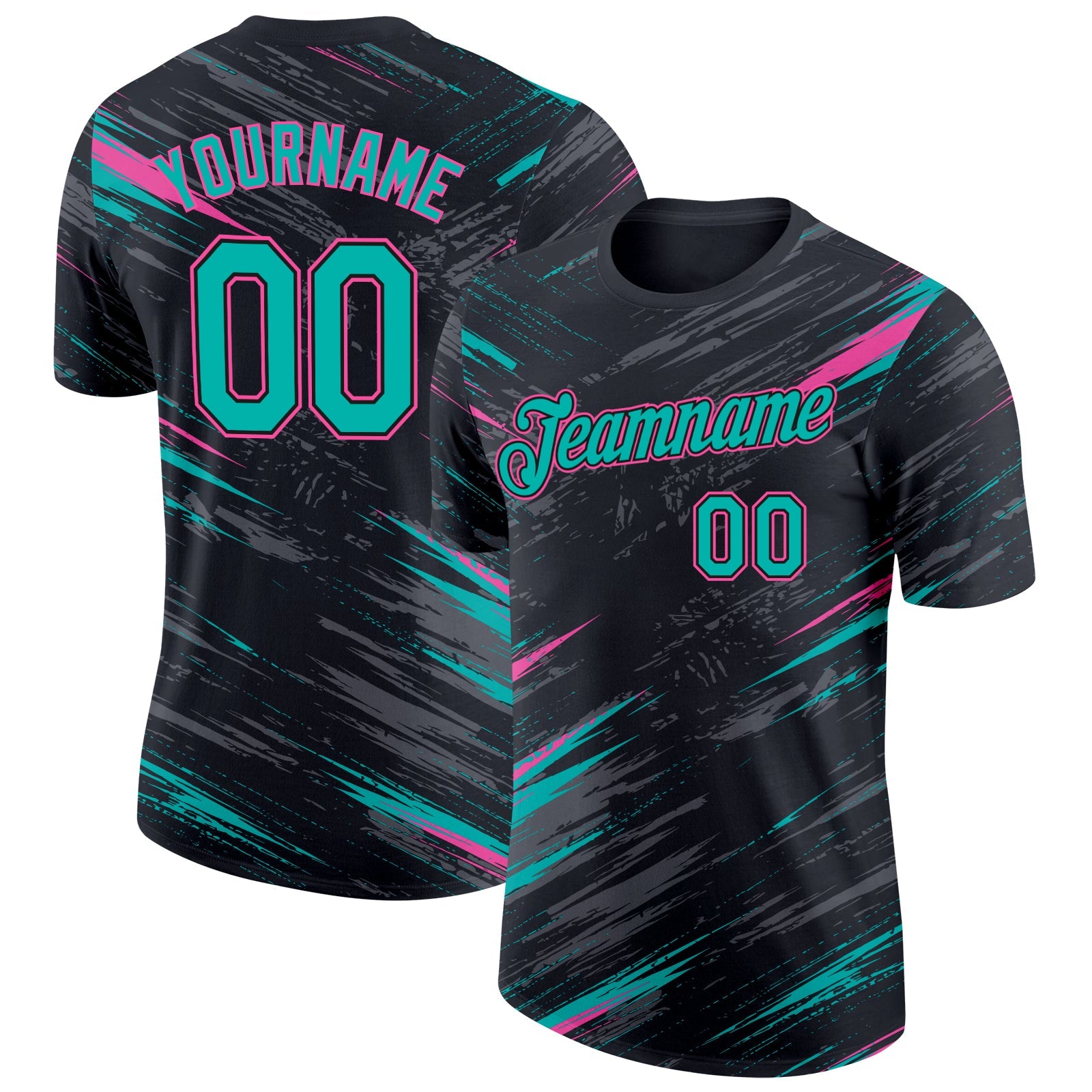Custom Black Aqua-Pink Abstract Brush Stroke Splatter Performance T-Shirt - Main View