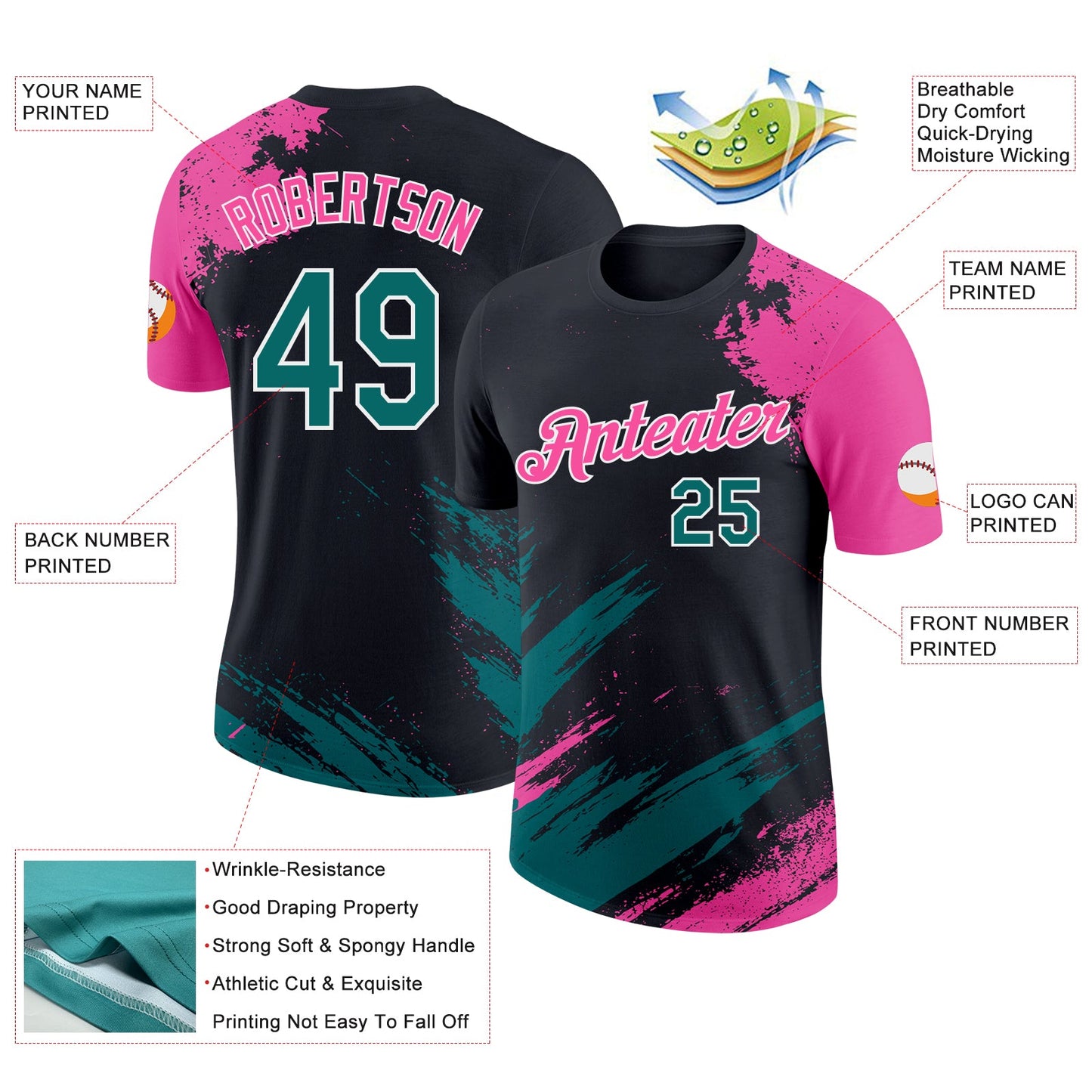 Custom Black Teal Pink-White Abstract Brush Stroke Splatter Performance T-Shirt view 2