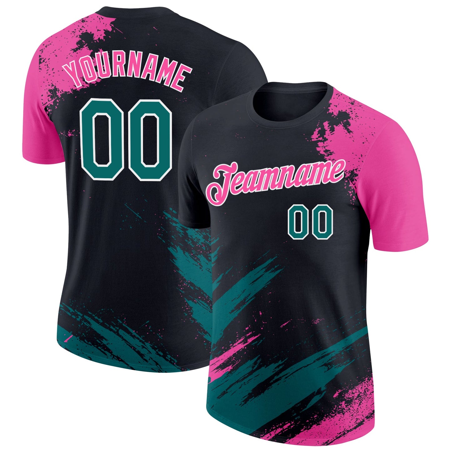 Custom Black Teal Pink-White Abstract Brush Stroke Splatter Performance T-Shirt - Main View