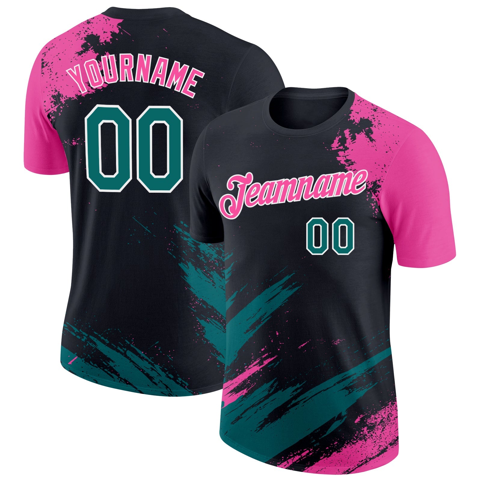 Custom Black Teal Pink-White Abstract Brush Stroke Splatter Performance T-Shirt - Main View