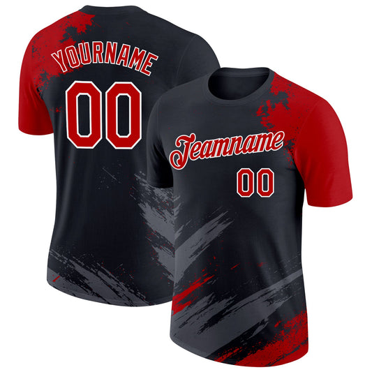 Custom Black Red Steel Gray-White Abstract Brush Stroke Splatter Performance T-Shirt - Main View