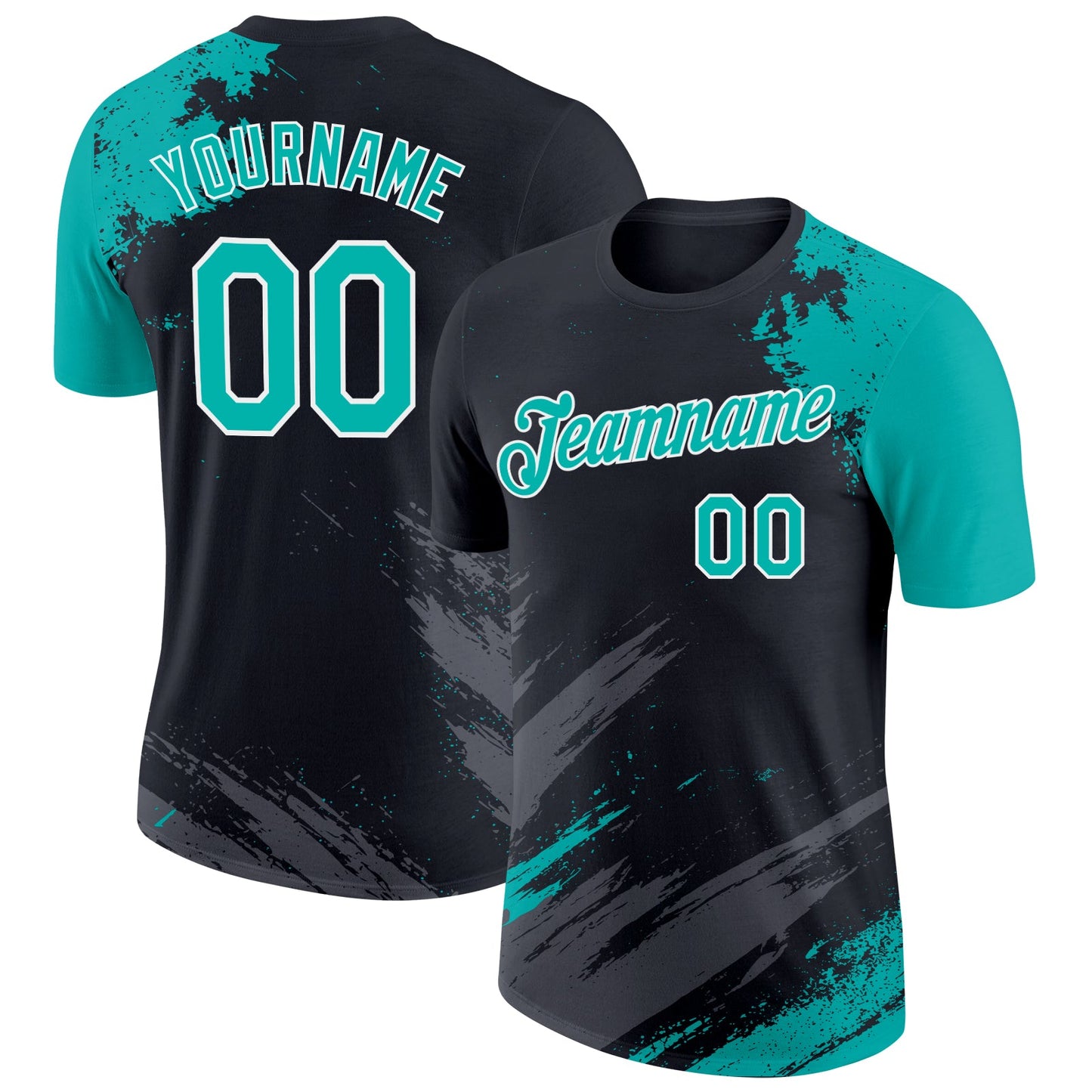 Custom Black Aqua Steel Gray-White Abstract Brush Stroke Splatter Performance T-Shirt - Main View