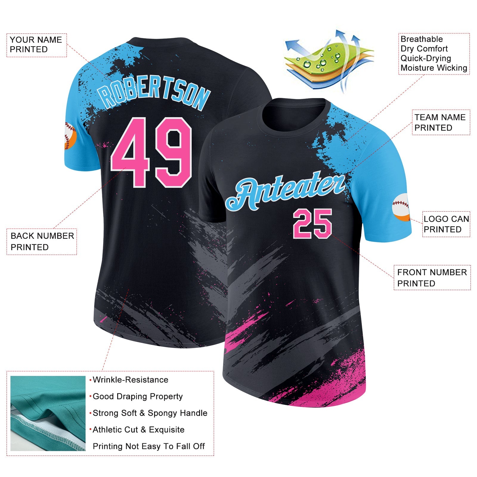Custom Black Pink Sky Blue-White Abstract Brush Stroke Splatter Performance T-Shirt view 2