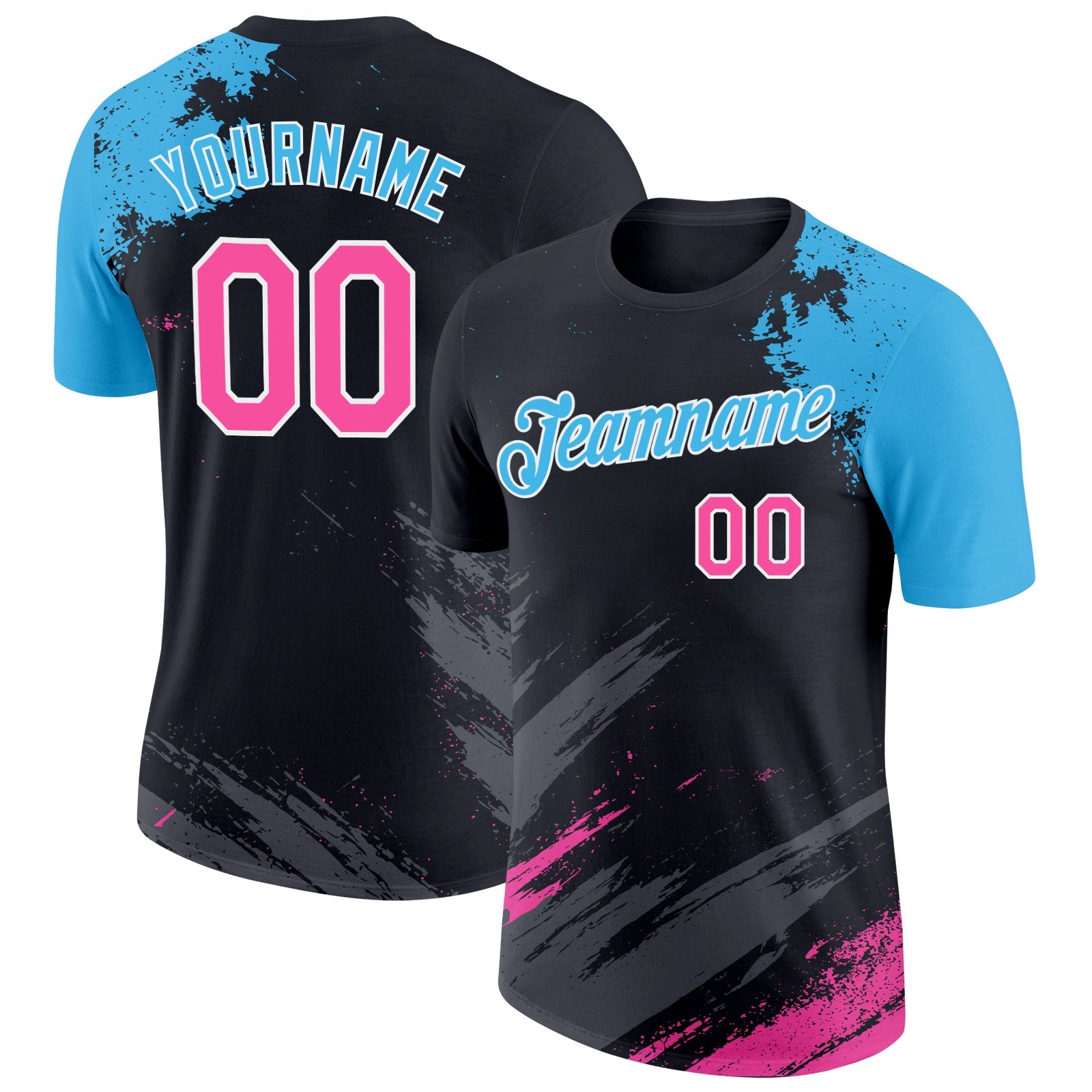 Custom Black Pink Sky Blue-White Abstract Brush Stroke Splatter Performance T-Shirt - Main View