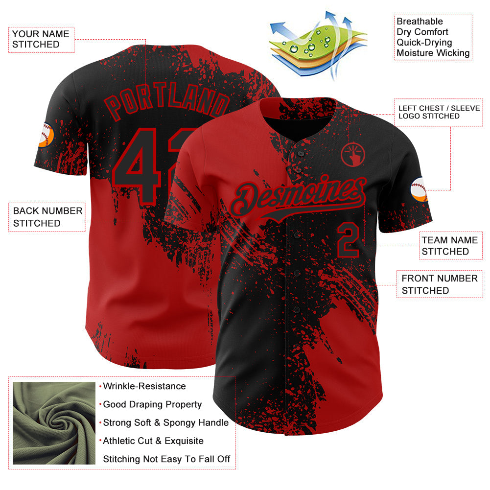 Custom Black-Red Abstract Brush Stroke Authentic Baseball Jersey view 3