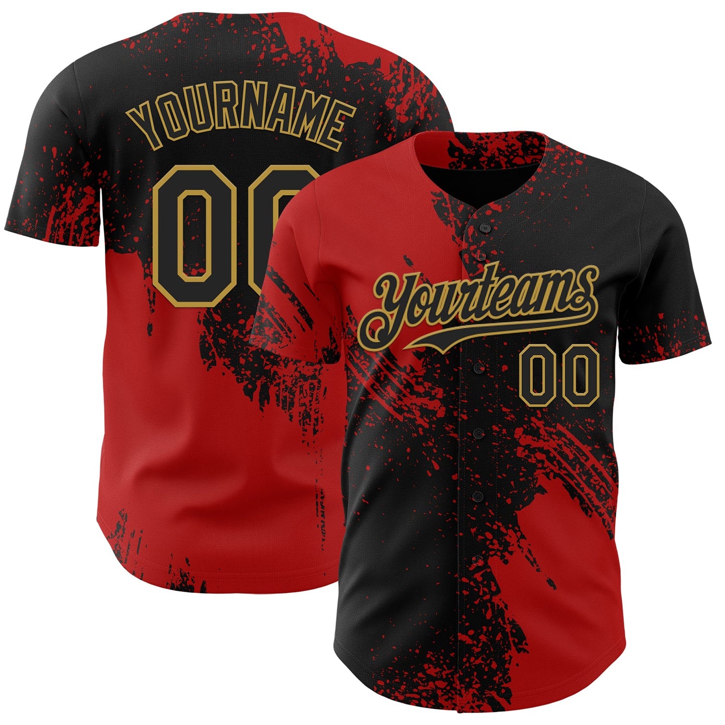 Custom Black Red-Old Gold Abstract Brush Stroke Authentic Baseball Jersey - Main View