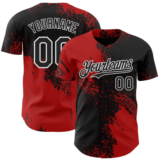 Custom Black Red-White Abstract Brush Stroke Authentic Baseball Jersey - Main View