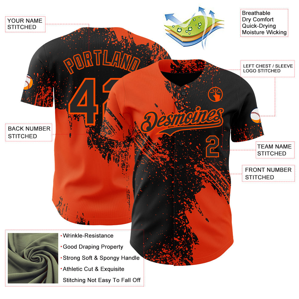 Custom Black-Orange Abstract Brush Stroke Authentic Baseball Jersey view 3