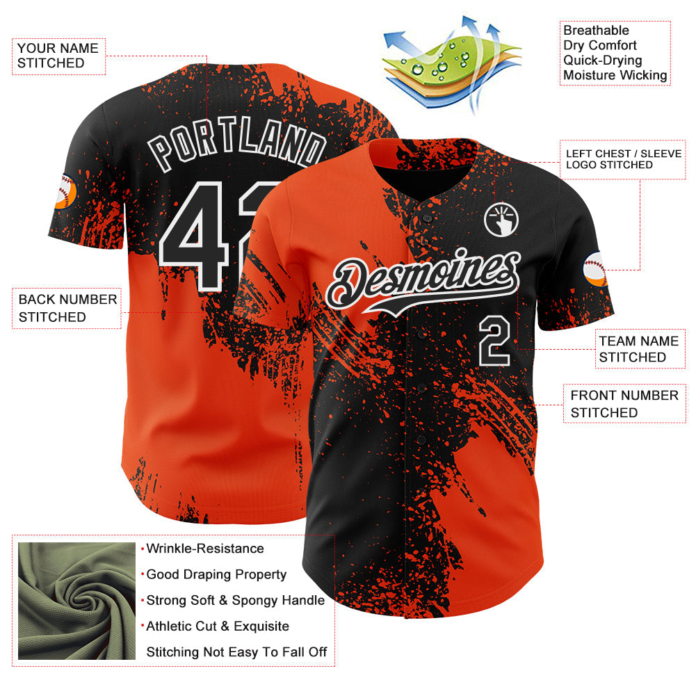 Custom Black Orange-White Abstract Brush Stroke Authentic Baseball Jersey view 3