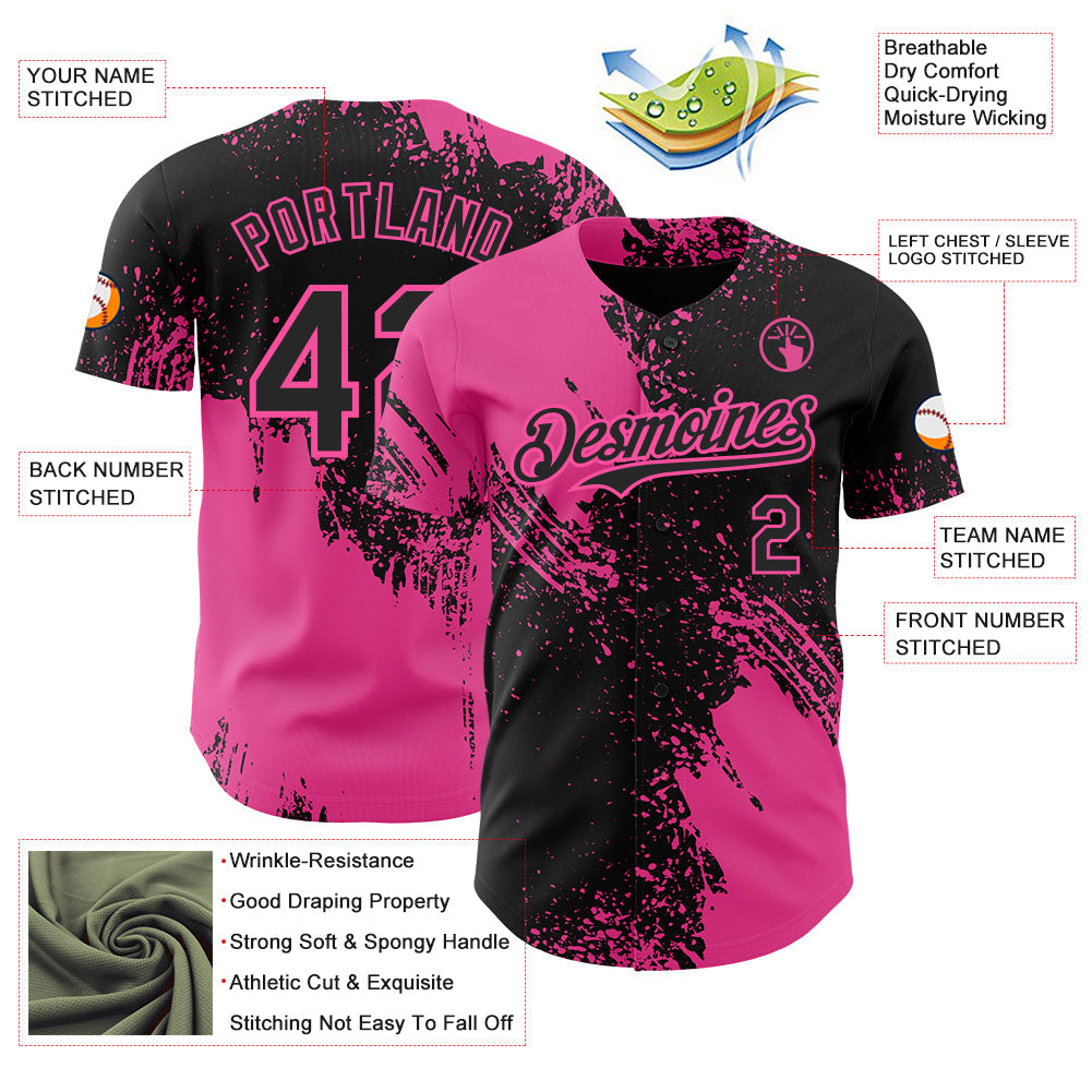 Custom Black-Pink Abstract Brush Stroke Authentic Baseball Jersey view 3