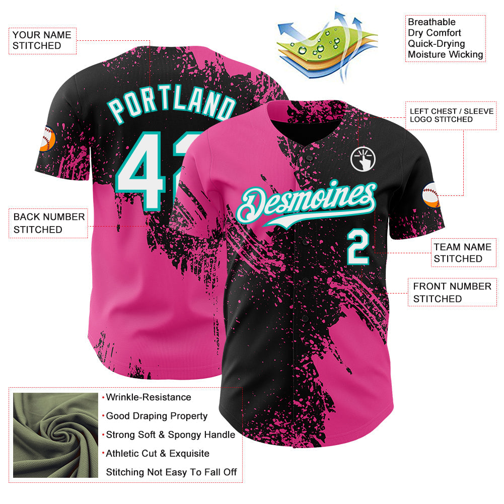 Custom Black White Pink-Aqua Abstract Brush Stroke Authentic Baseball Jersey view 3
