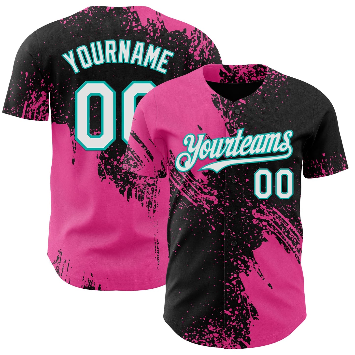 Custom Black White Pink-Aqua Abstract Brush Stroke Authentic Baseball Jersey - Main View