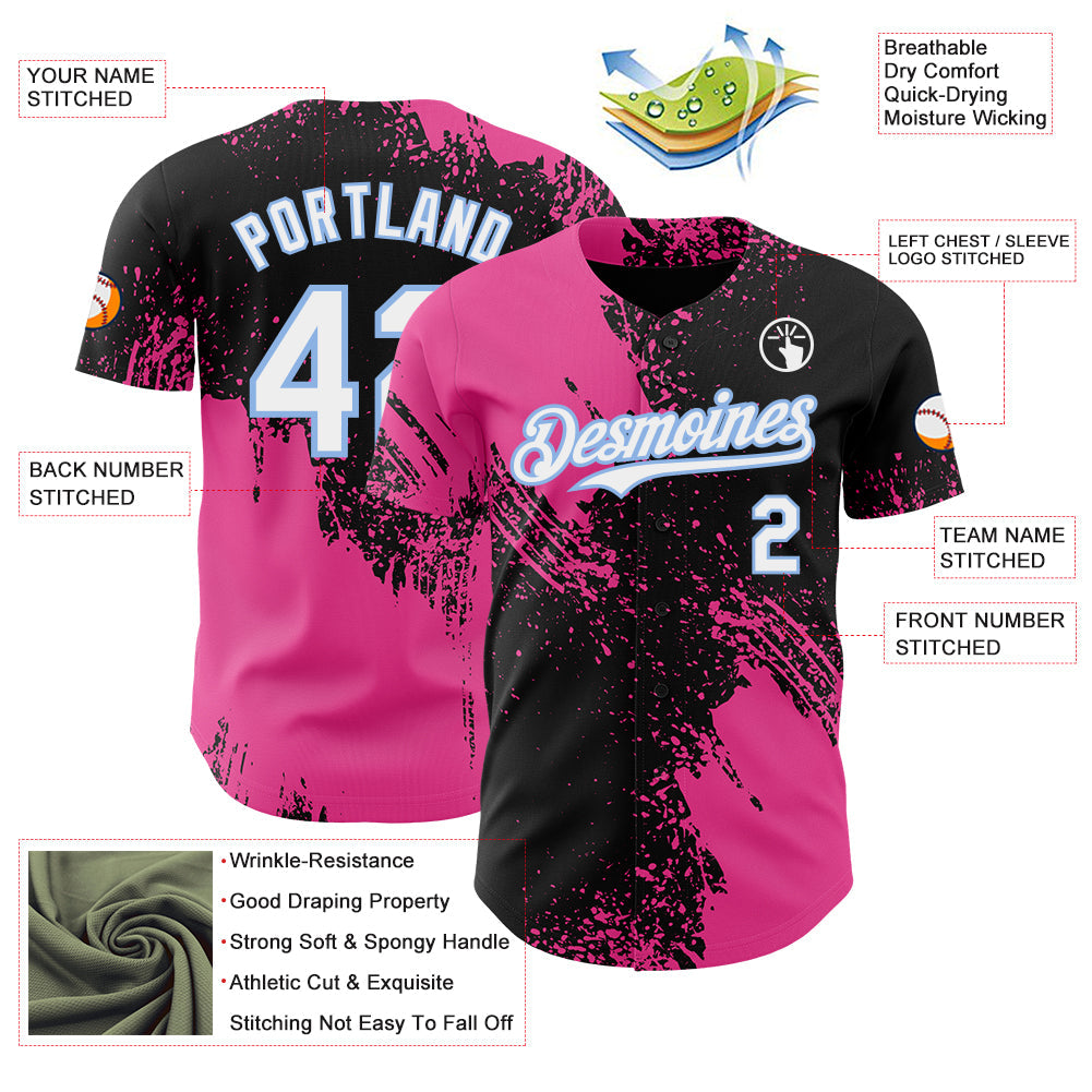 Custom Black White Pink-Light Blue Abstract Brush Stroke Authentic Baseball Jersey view 3
