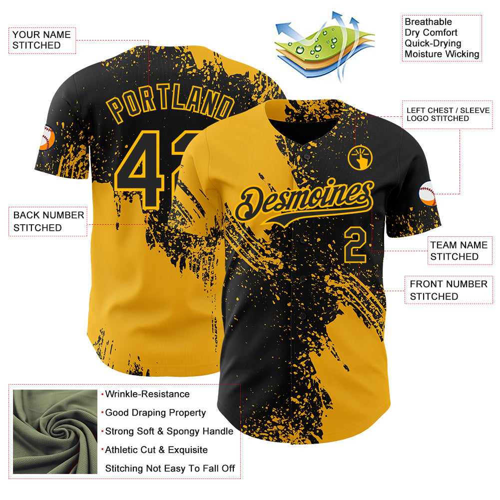 Custom Black-Gold Abstract Brush Stroke Authentic Baseball Jersey view 3