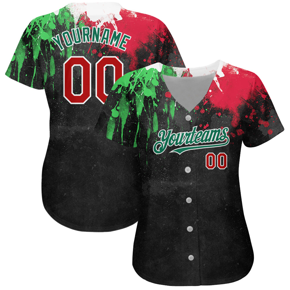 Custom Black Red Kelly Green 3D Mexican Flag Watercolored Splashes Grunge Design Authentic Baseball Jersey view 2