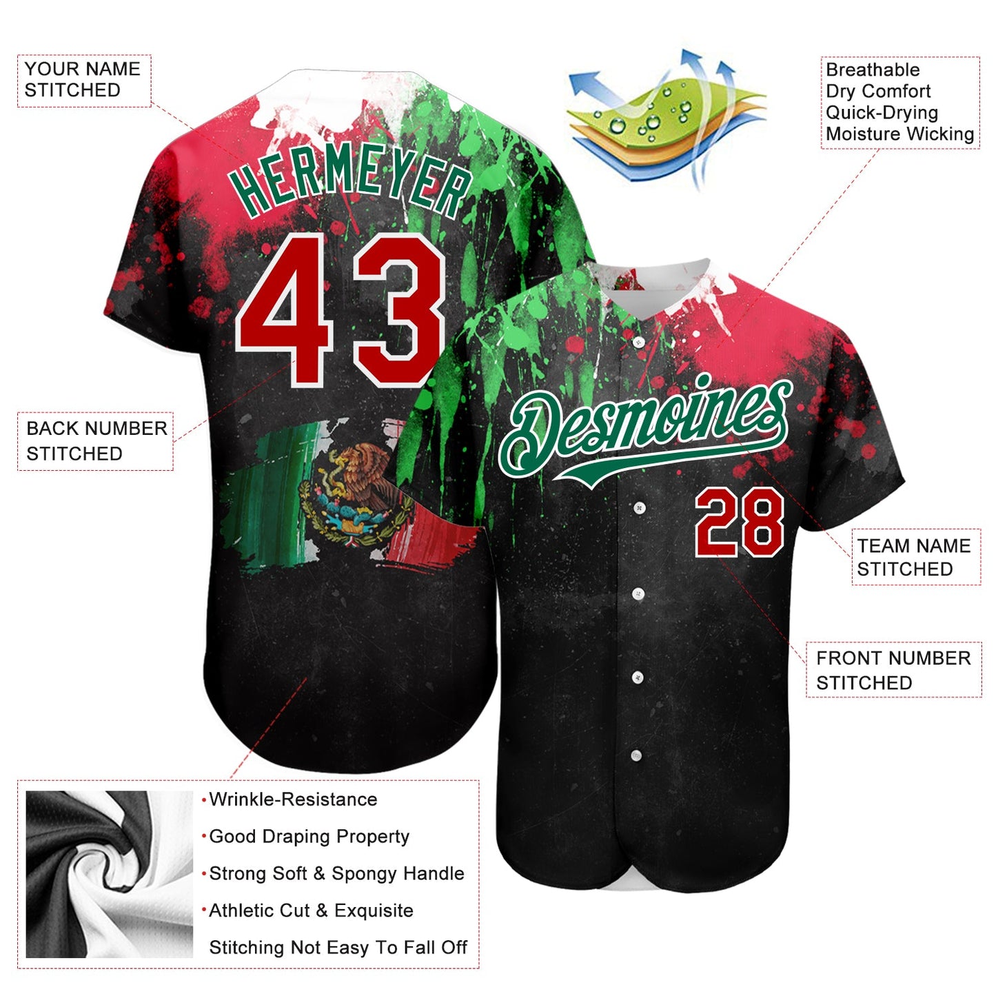 Custom Black Red Kelly Green 3D Mexican Flag Watercolored Splashes Grunge Design Authentic Baseball Jersey view 3