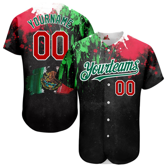 Custom Black Red Kelly Green 3D Mexican Flag Watercolored Splashes Grunge Design Authentic Baseball Jersey - Main View
