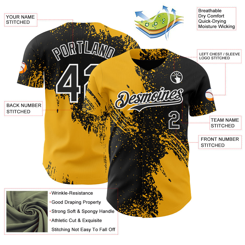 Custom Black Gold-White Abstract Brush Stroke Authentic Baseball Jersey view 3