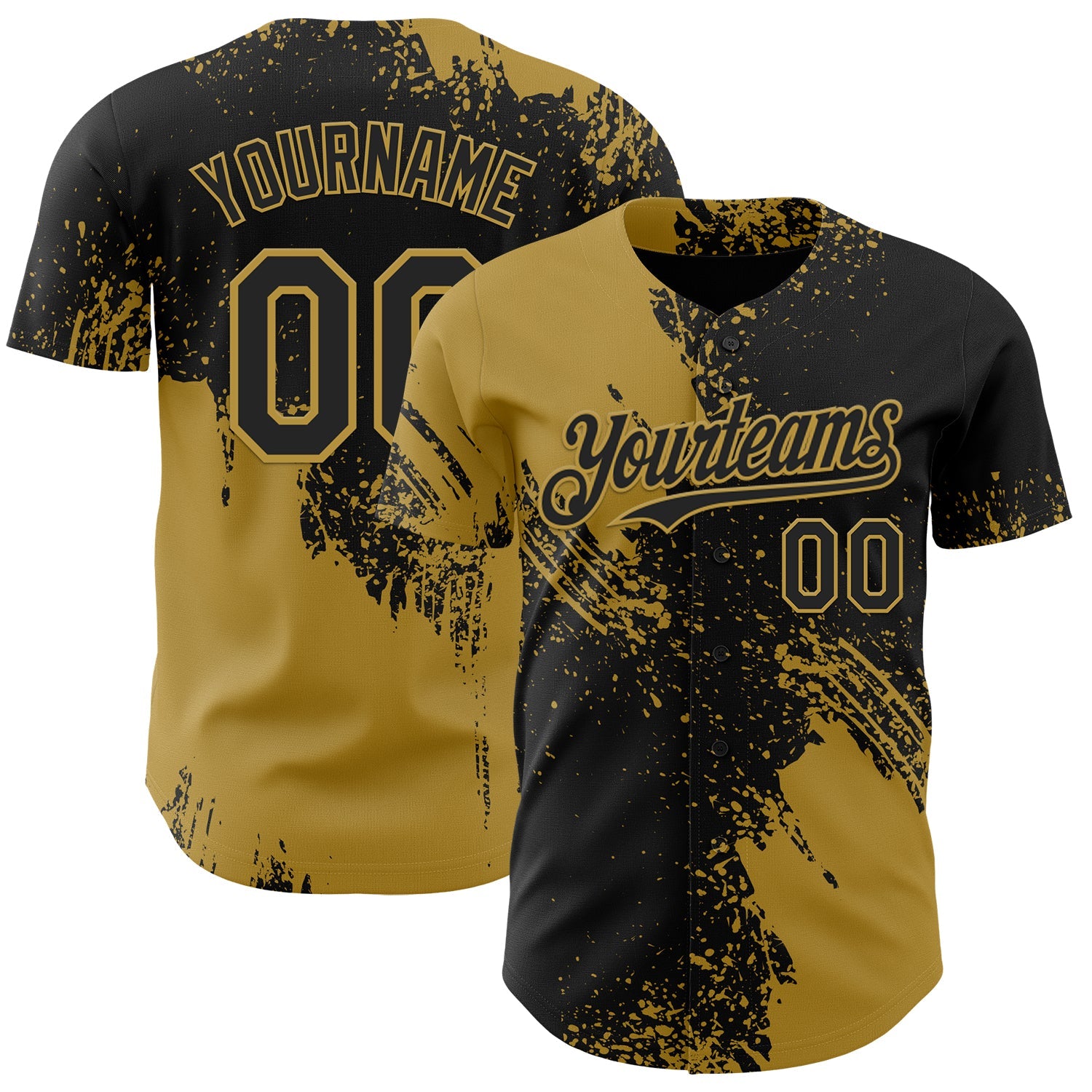 Custom Black-Old Gold Abstract Brush Stroke Authentic Baseball Jersey - Main View