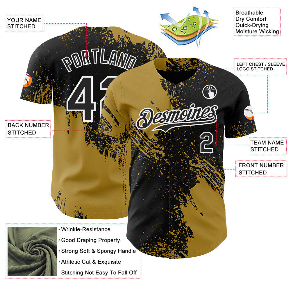 Custom Black Old Gold-White Abstract Brush Stroke Authentic Baseball Jersey view 3