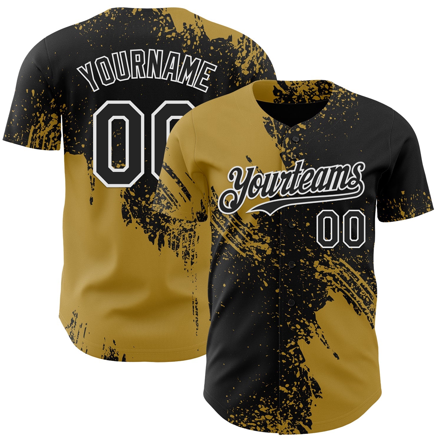 Custom Black Old Gold-White Abstract Brush Stroke Authentic Baseball Jersey - Main View