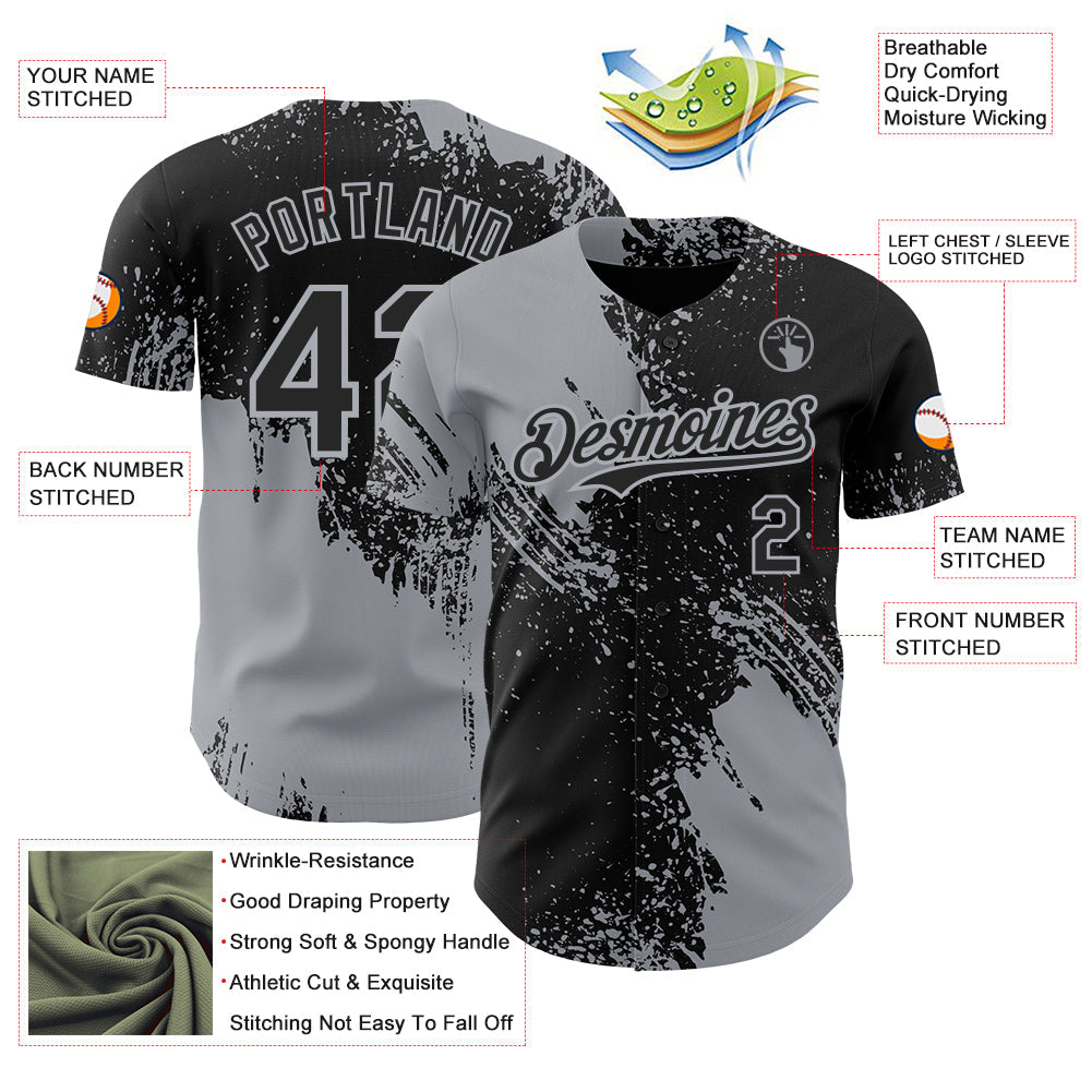 Custom Black-Gray Abstract Brush Stroke Authentic Baseball Jersey view 3
