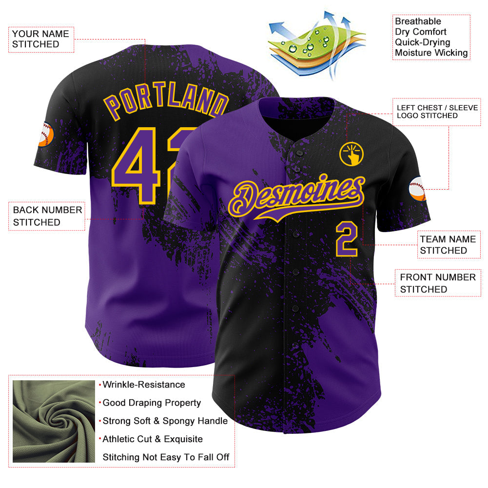 Custom Black Purple-Yellow Abstract Brush Stroke Authentic Baseball Jersey view 3