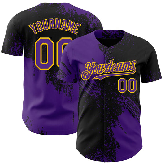 Custom Black Purple-Yellow Abstract Brush Stroke Authentic Baseball Jersey - Main View