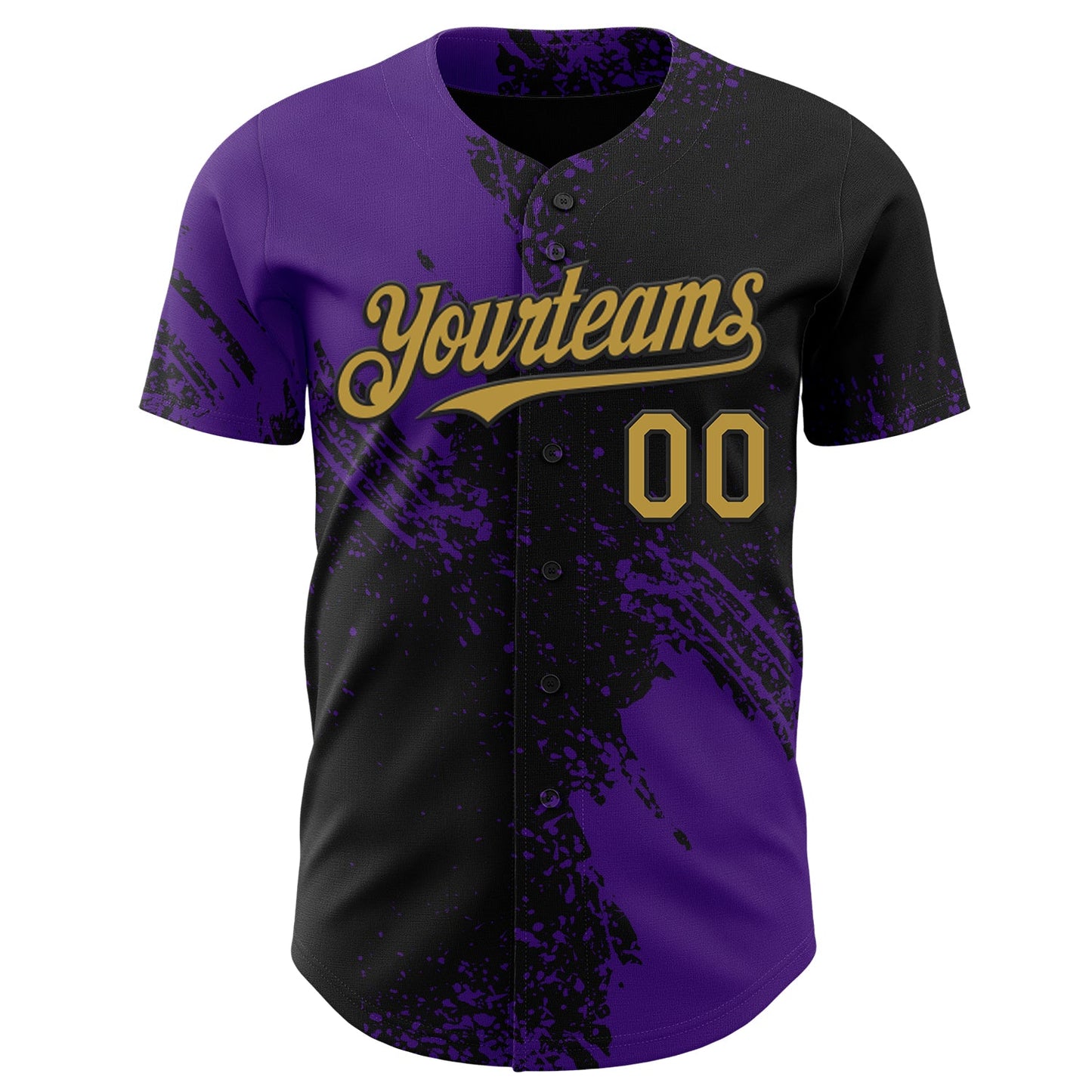 Custom Black Old Gold-Purple Abstract Brush Stroke Authentic Baseball Jersey view 2
