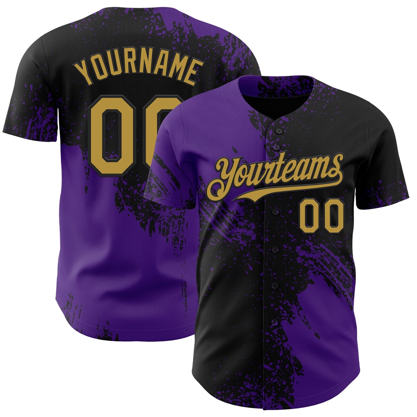 Custom Black Old Gold-Purple Abstract Brush Stroke Authentic Baseball Jersey - Main View