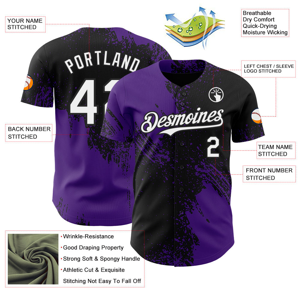 Custom Black White-Purple Abstract Brush Stroke Authentic Baseball Jersey view 3