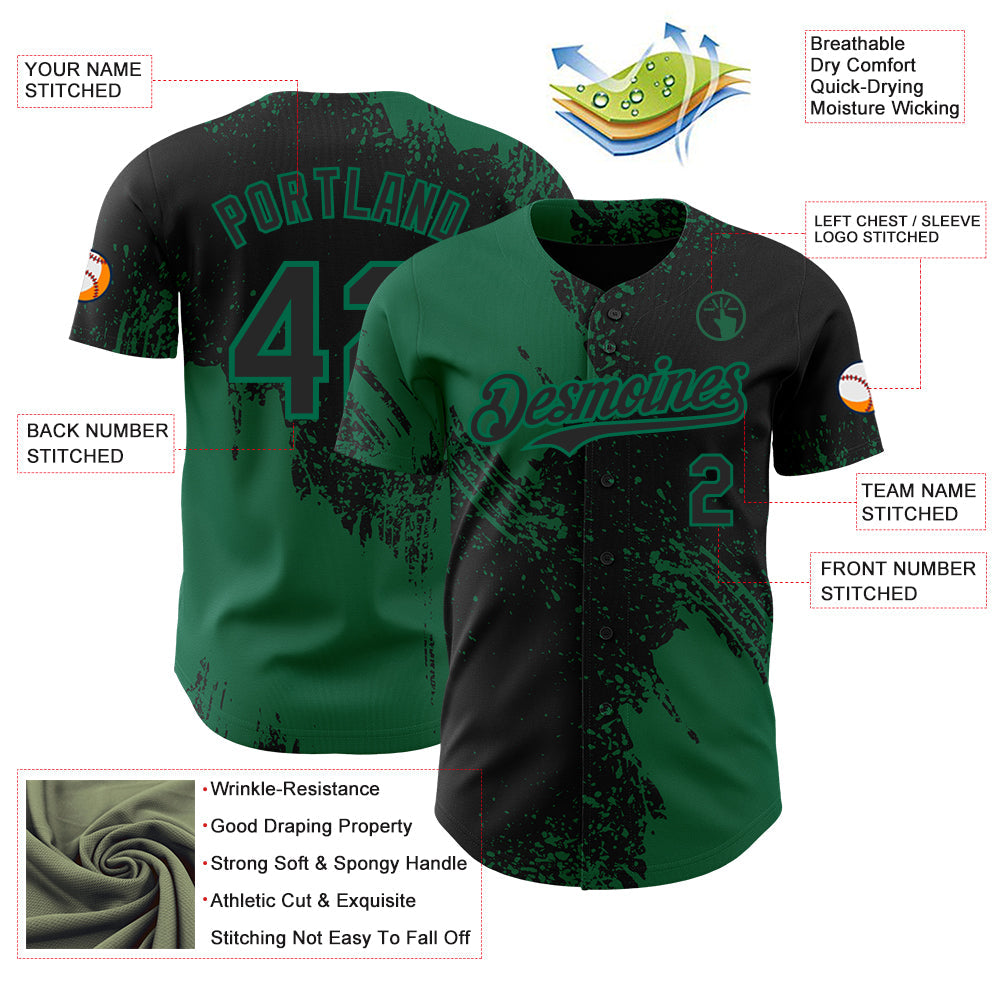 Custom Black-Kelly Green Abstract Brush Stroke Authentic Baseball Jersey view 3