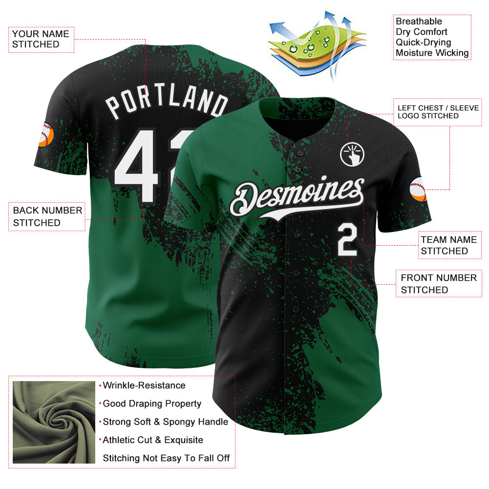 Custom Black White-Kelly Green Abstract Brush Stroke Authentic Baseball Jersey view 3