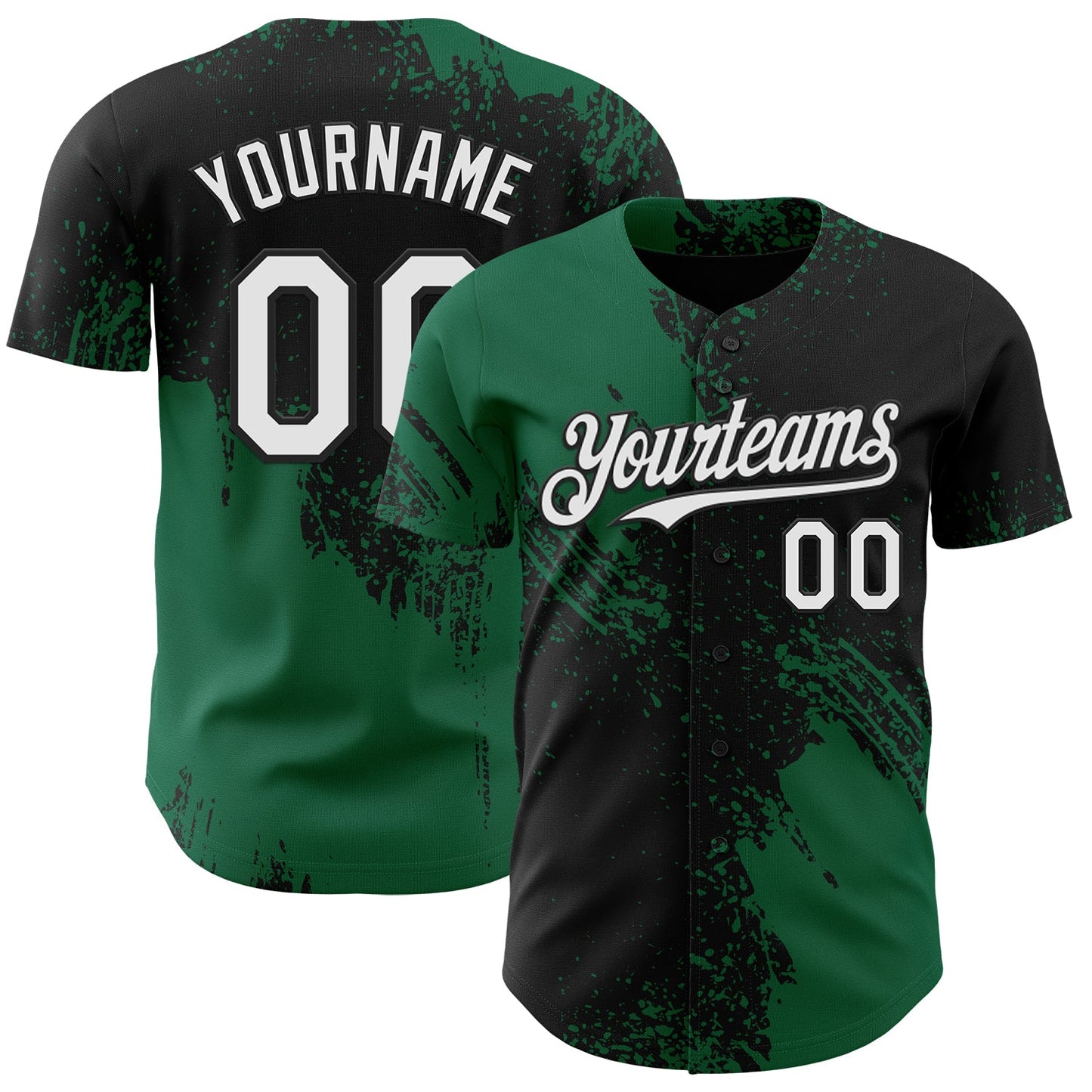 Custom Black White-Kelly Green Abstract Brush Stroke Authentic Baseball Jersey - Main View