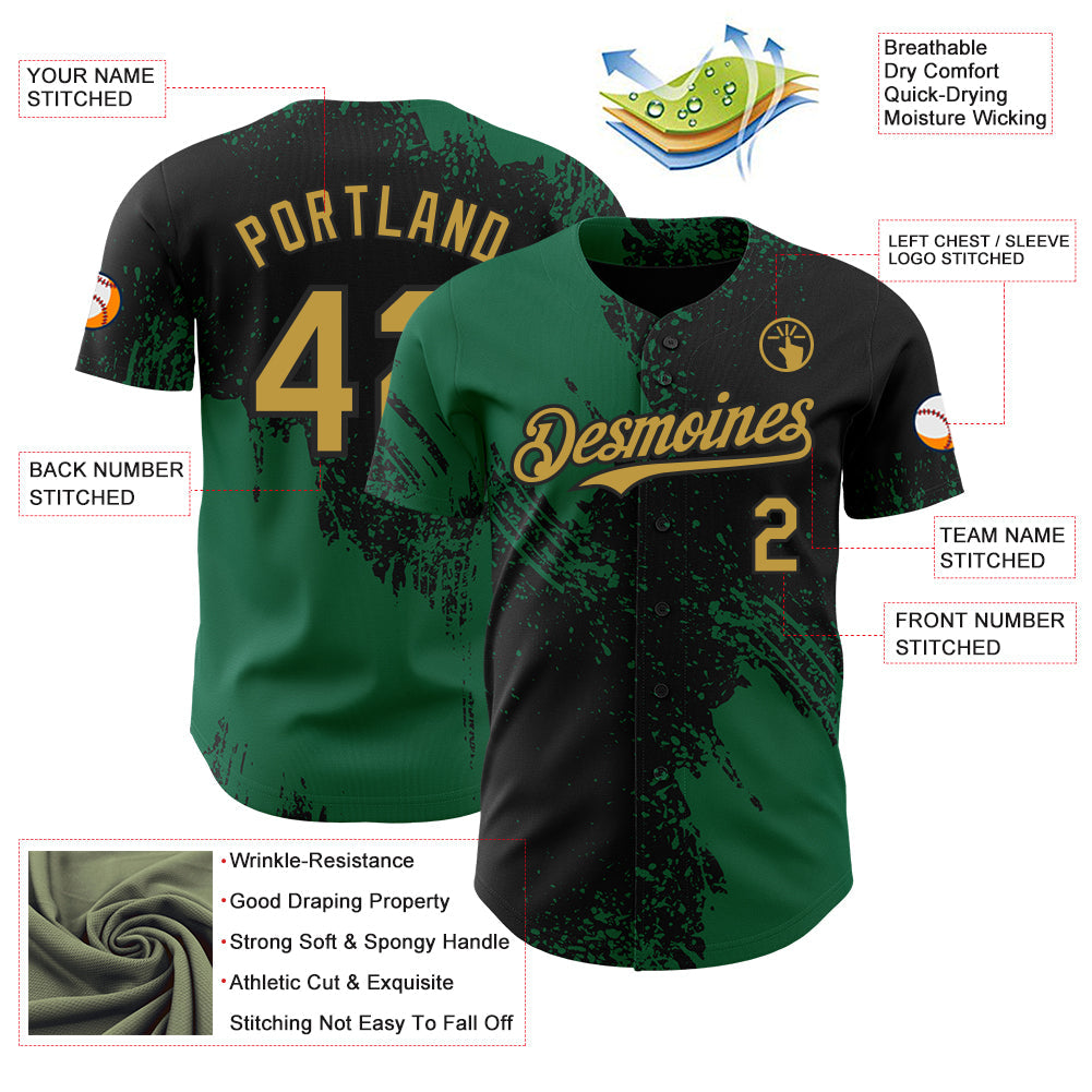 Custom Black Old Gold-Kelly Green Abstract Brush Stroke Authentic Baseball Jersey view 3