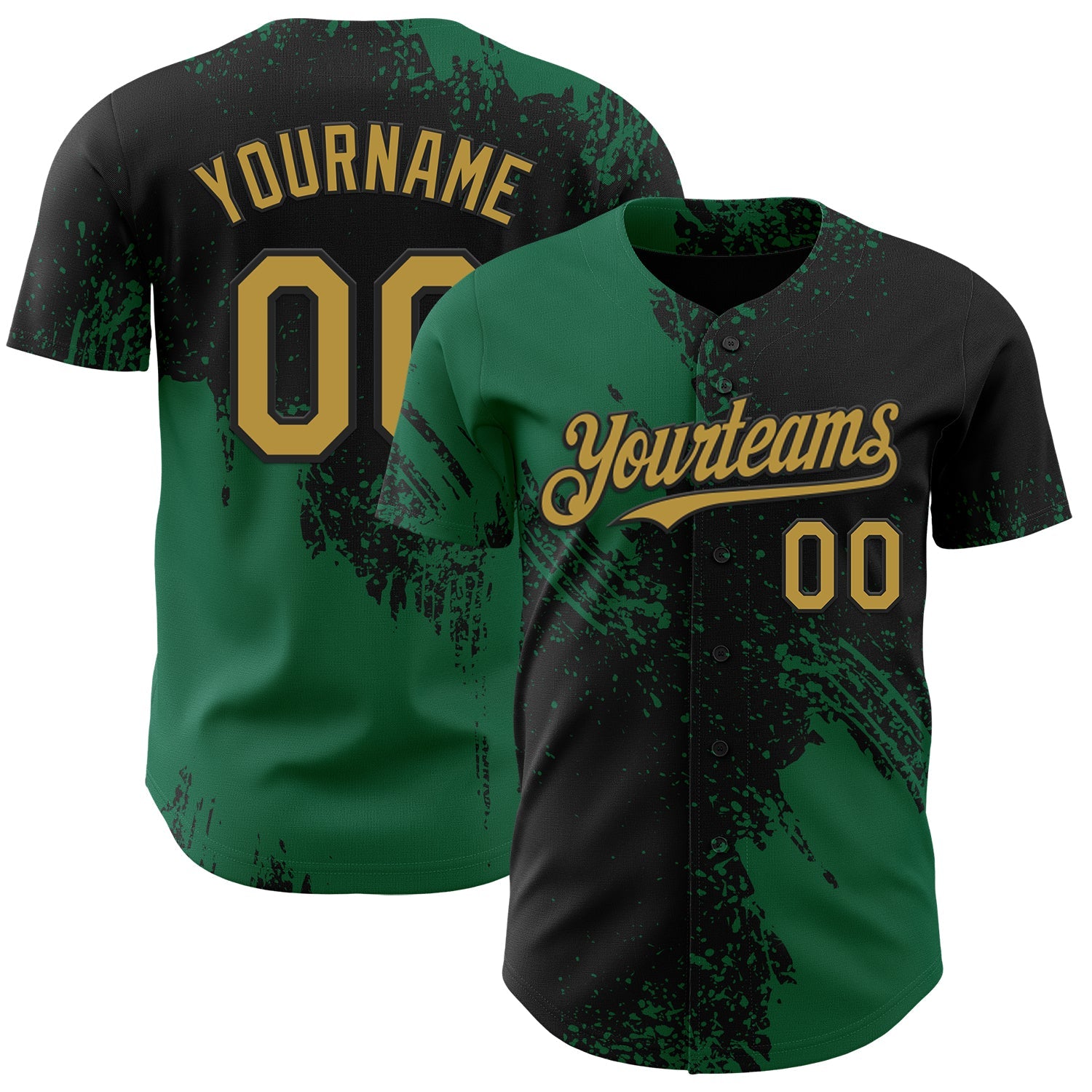 Custom Black Old Gold-Kelly Green Abstract Brush Stroke Authentic Baseball Jersey - Main View