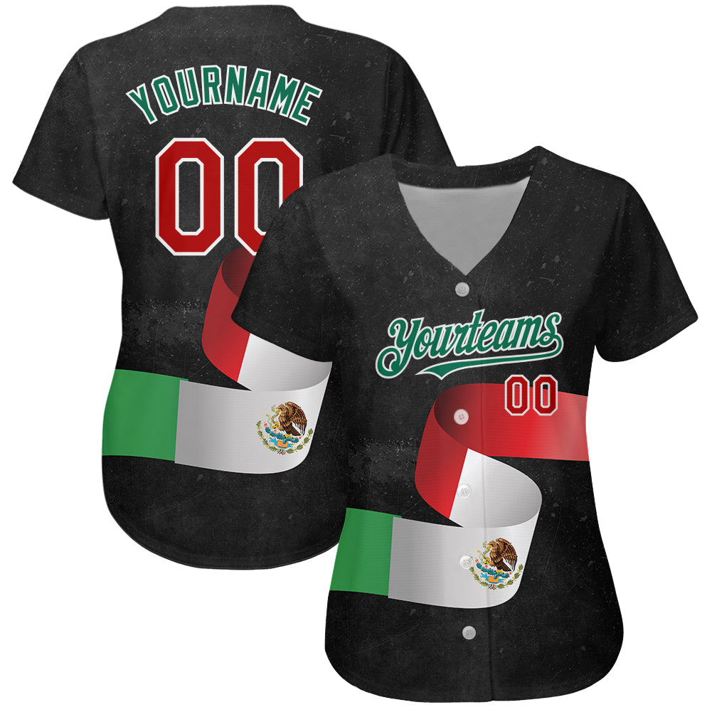 Custom Black Red Kelly Green 3D Mexican Flag Authentic Baseball Jersey view 2