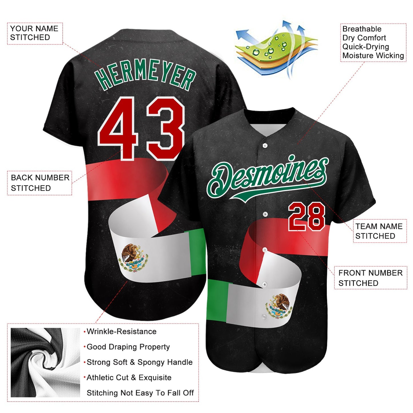 Custom Black Red Kelly Green 3D Mexican Flag Authentic Baseball Jersey view 3
