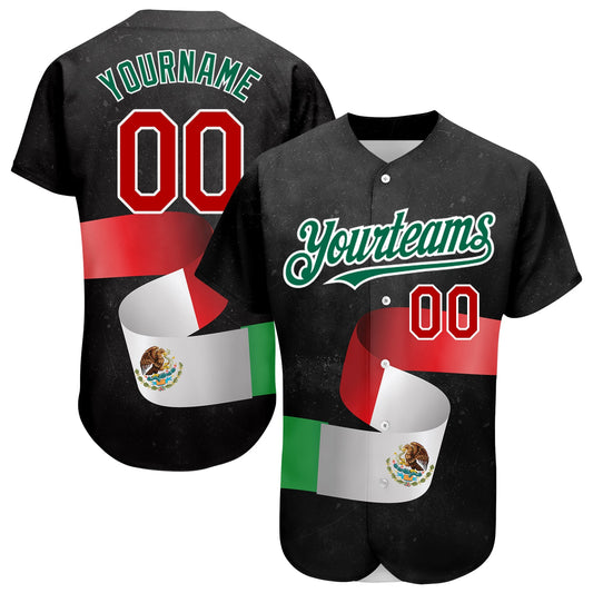 Custom Black Red Kelly Green 3D Mexican Flag Authentic Baseball Jersey - Main View