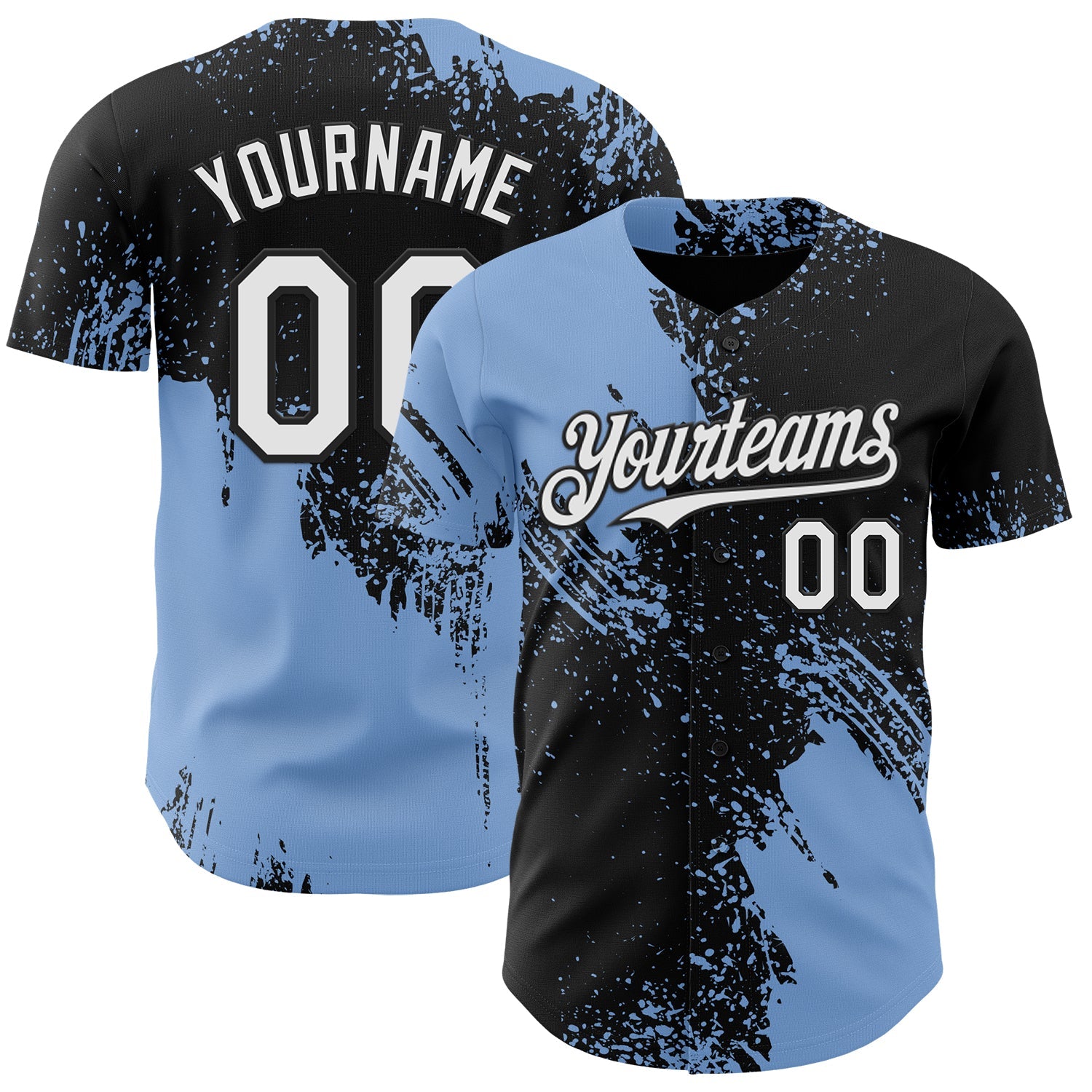 Custom Black White-Light Blue Abstract Brush Stroke Authentic Baseball Jersey - Main View