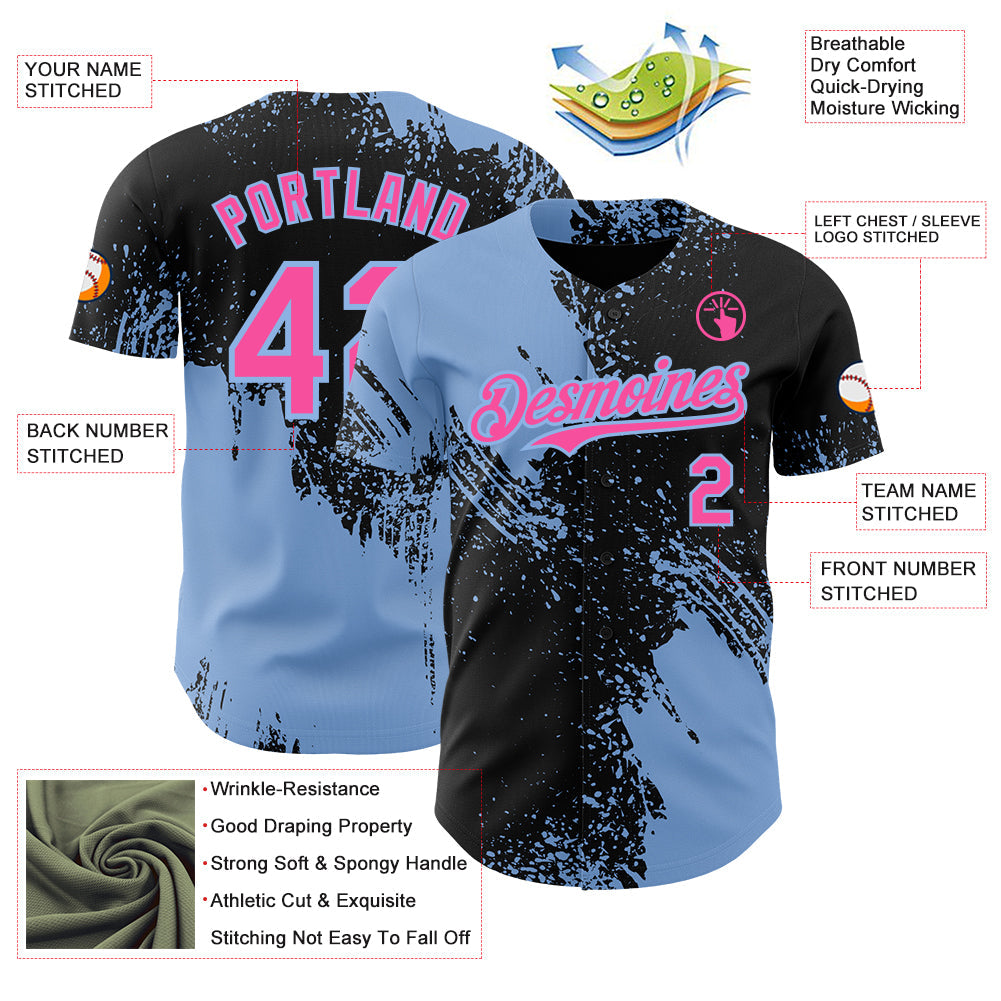Custom Black Pink-Light Blue Abstract Brush Stroke Authentic Baseball Jersey view 3
